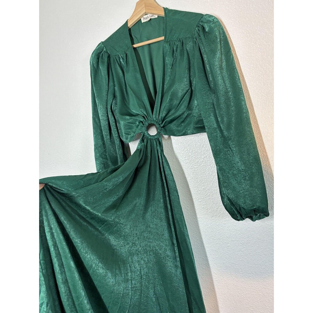 Peach Love California Dress Womens M Green Satin Cutout Ring Maxi Gown Fairy - Picture 6 of 16